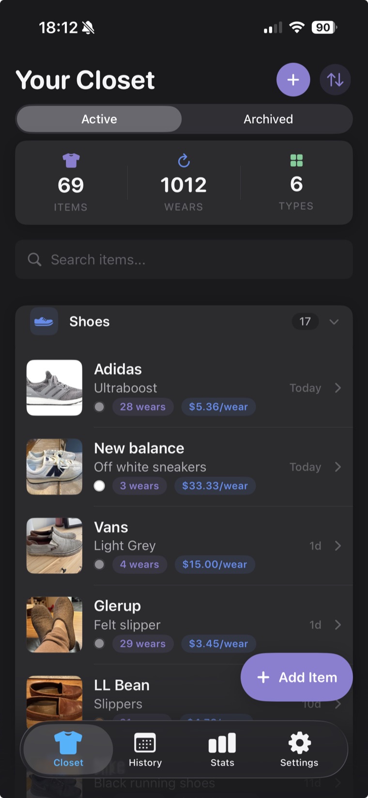 WearTracker in dark mode — Your Closet with 69 items and 1,012 wears, each piece showing its cost-per-wear