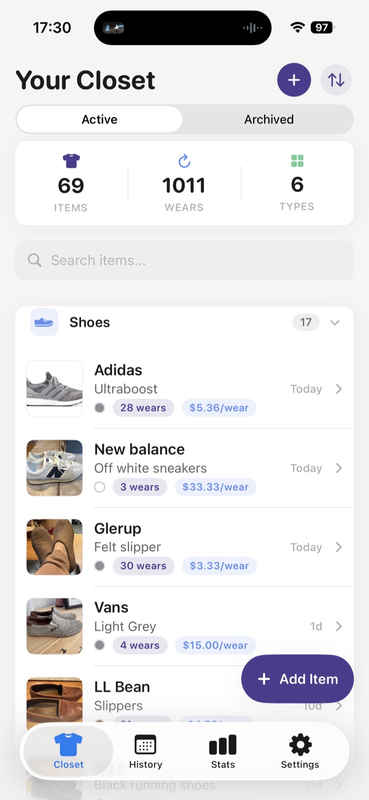 WearTracker — Your Closet: 69 items and 1,011 wears, with each piece showing its cost-per-wear