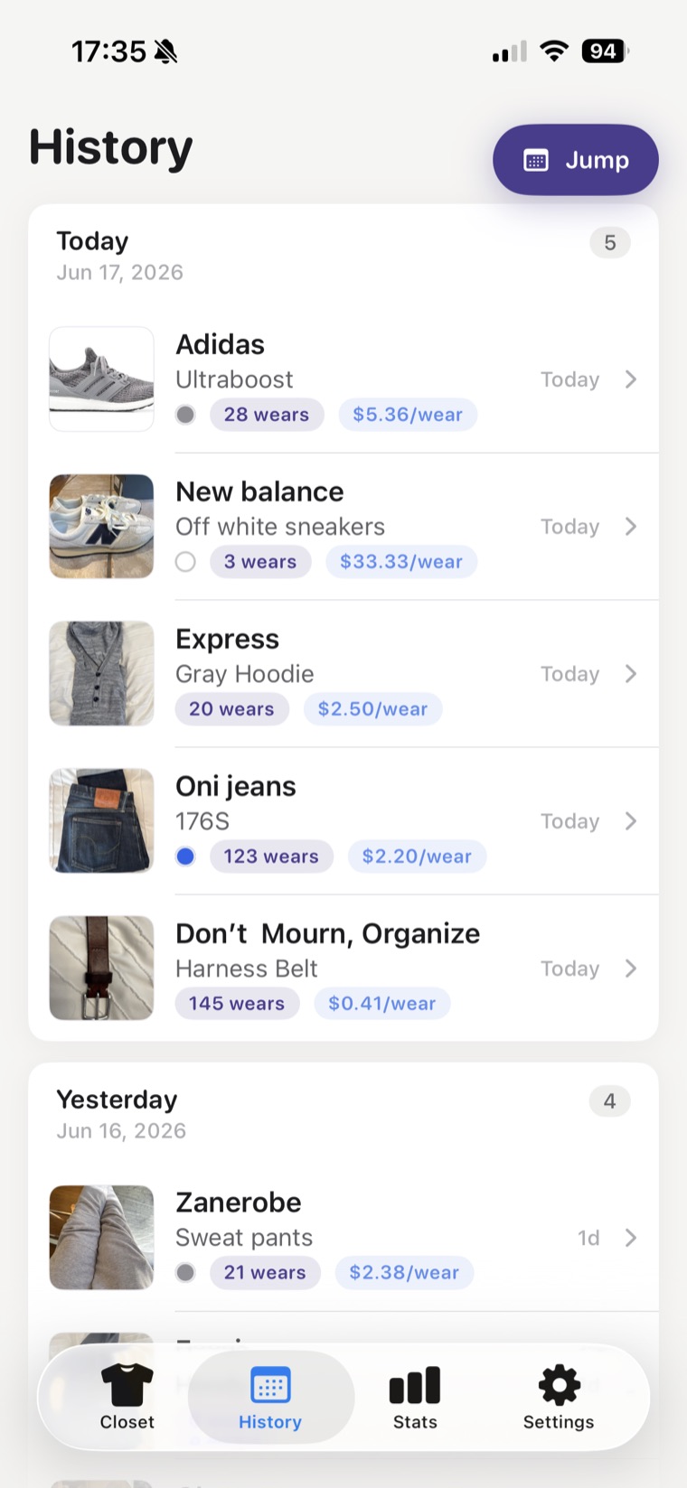 WearTracker wear history — a dated timeline of recent outfits, each item showing its wear count and cost-per-wear