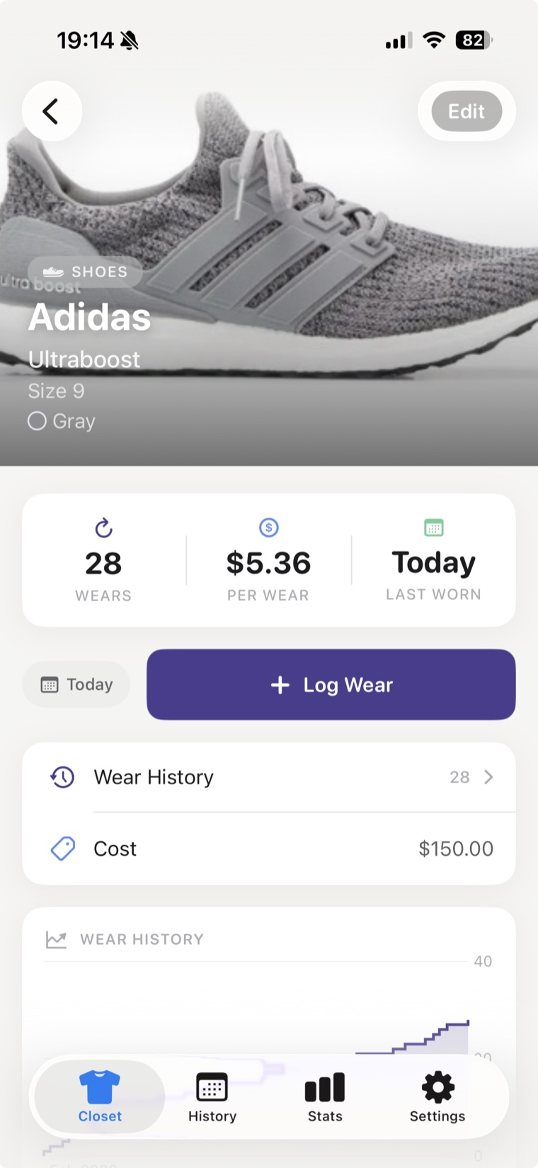 WearTracker item detail — Adidas Ultraboost: 28 wears at $5.36 per wear, with a Log Wear button and a wear-history chart